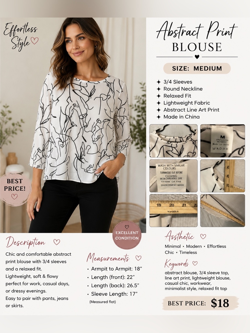 Abstract Line Print 3/4 Sleeve Blouse - White/Black